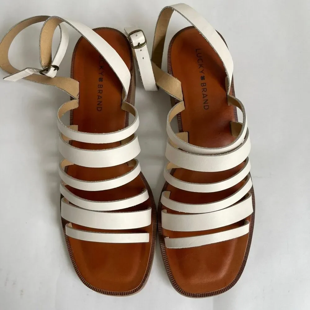 Lucky Brand Firola 9.5 M White Leather Strappy Sandals‎ Ankle Straps Summer